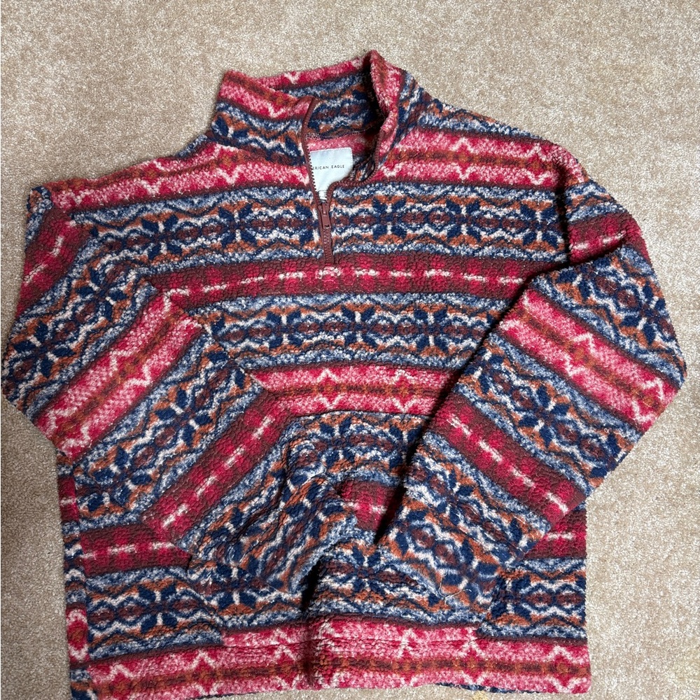 American Eagle Outfitters Red and Blue Patterned Zip Up Jacket
